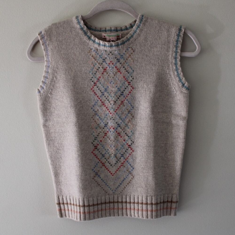 NWT‎ Bonpoint Girls Wool Sleeveless Tank Sweater Vest Argyle Cream 12